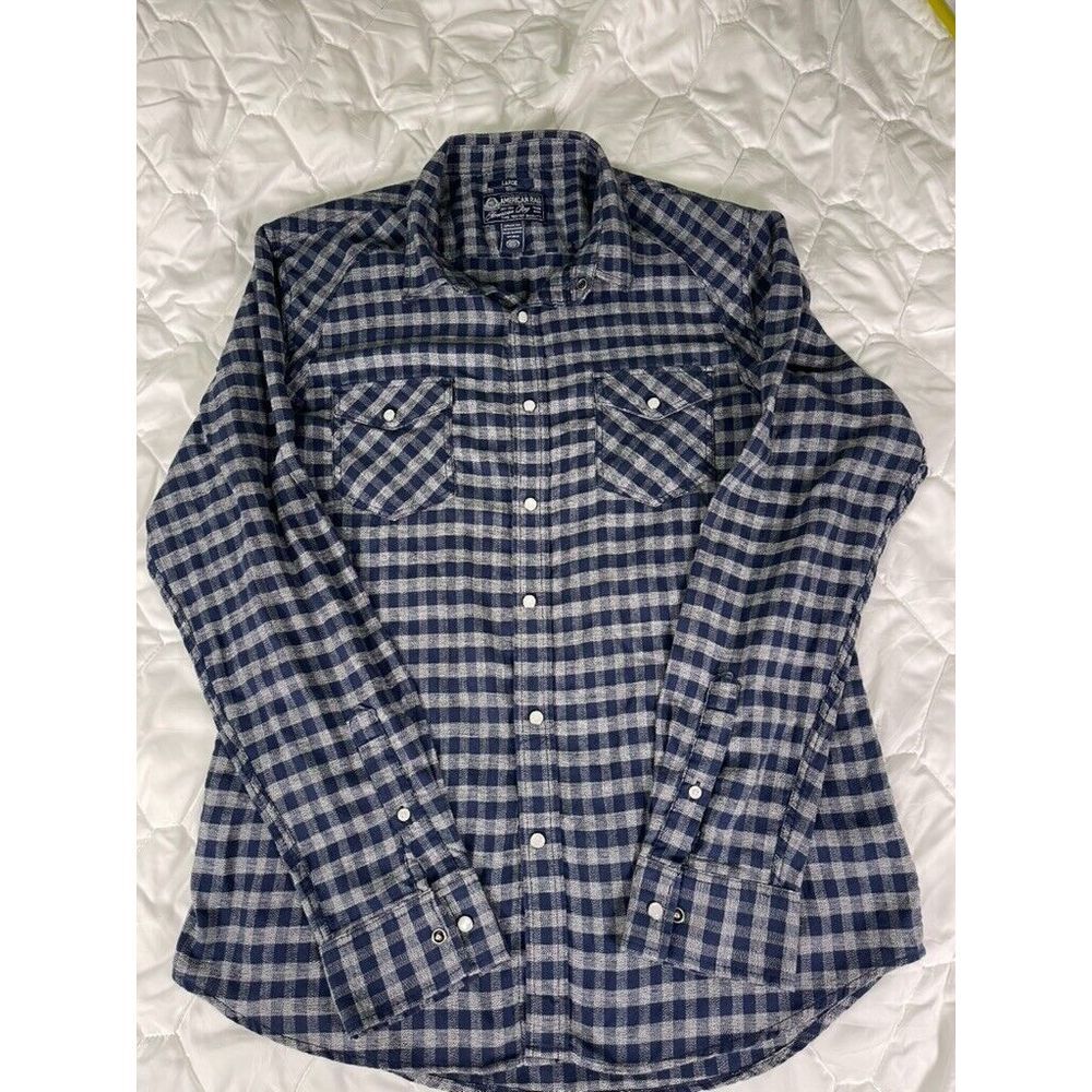 AMERICAN RAG MENS CHECK BLUE GREY WESTERN STYLE SNAP BUTTON FRONT SHIRT LARGE - Picture 2 of 6